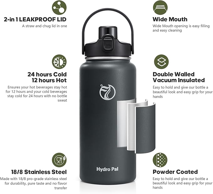 Half Gallon Insulated Water Bottle with 2-in-1 Lid (Chug Lid/Straw Lid), 40/64oz Double Walled Vacuum Stainless Steel Water Bottles, Water Jug with Straw