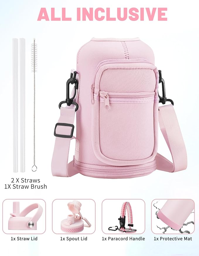Half Gallon Water-Bottle with Straw - Pop-up Chug Lid (Cold 48H & Hot 24H) 64oz Insulated Water Bottle Flask with Sleeve Strap, Paracord Handle, Bottle Boot, Pink Stainless Steel Metal Water Jug