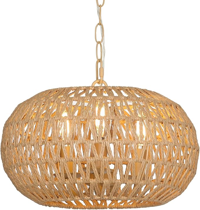 Rattan Farmhouse Chandeliers for Dining Room, 3-Light Boho Chandelier with Wicker Lampshade, Coastal Hanging Ceiling Pendant Light Fixtures for Kitchen Island Bedroom Living Room, E12 Base