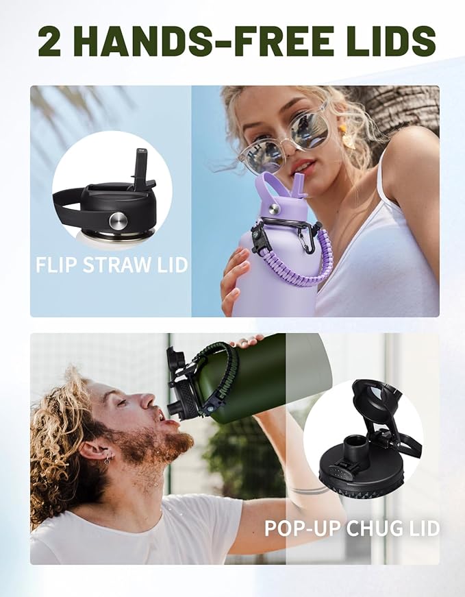 Half Gallon Water Bottle Insulated - 64 oz Water Bottle with Carrying Sleeve, Paracord Handle, Straw Spout Lid, Leak-proof Metal Hydro Jug for Workout Sport Hiking Gym, Purple Big Flask Thermo