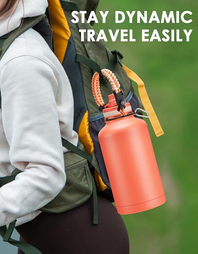 Half-gallon Insulated Water Bottle 64 oz - with Straw & Auto Spout Lid, Strap Carrier Pouch, Paracord Handle, Metal 1/2 Gallon Water Bottles Thermal Flask, Wide Mouth Hydro Jug for Hiking Camping