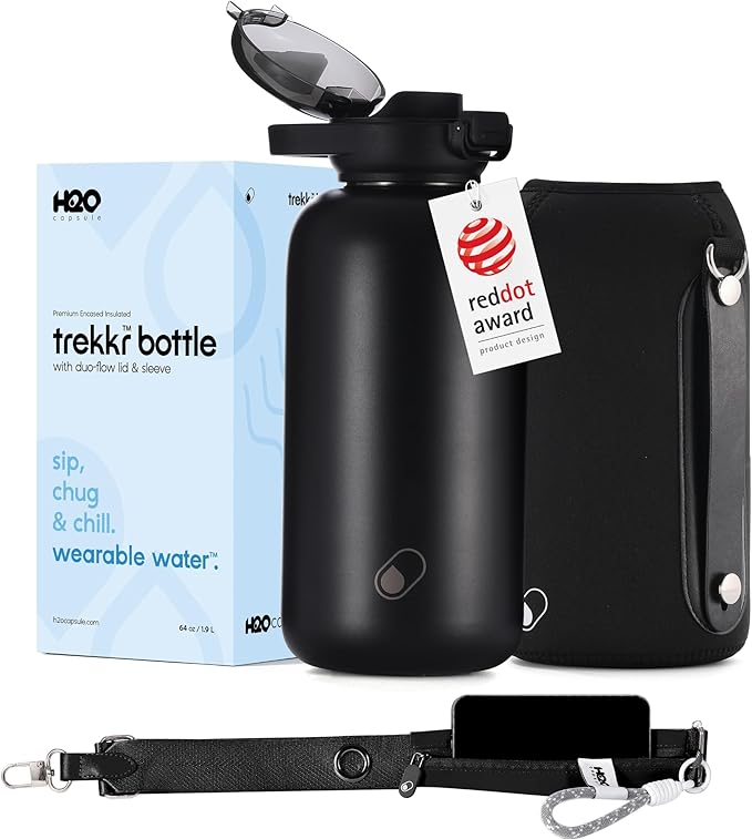 H2O Capsule Half Gallon Insulated Water Bottle With Straw - Stainless Steel Thermos Water Bottle With Sipping/Chugging Lid & Shoulder Strap For Storage - 64 oz Vacuum Flask, Keeps Hot Cold (Black)
