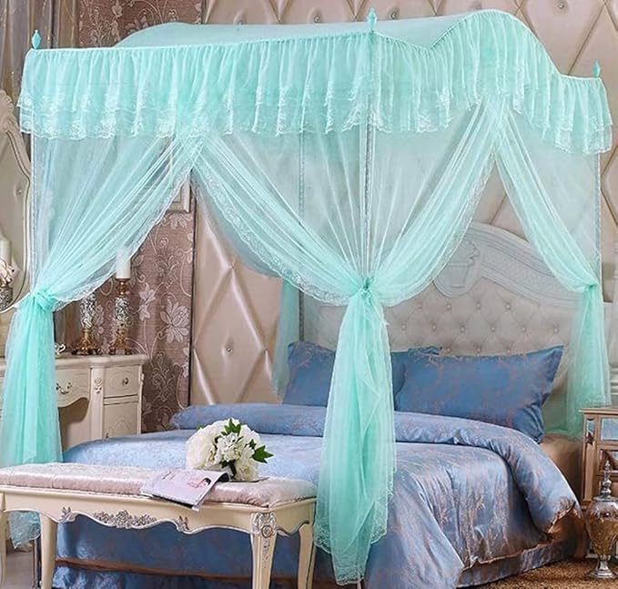 Mengersi Arched 4 Corners Post Bed Curtain Canopy Net Square Princess Fly Screen, Indoor Outdoor (Twin, Sky Blue)