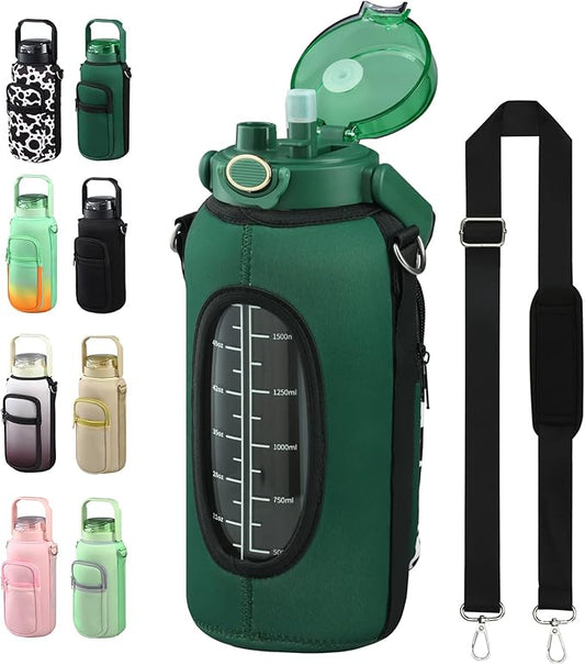 Half Gallon 64oz Glass Water Bottle with Straw and Storage Sleeve Motivational Water Bottle with Strap and Time to Drink 2L Leakproof Reusable Water Jug for Fitness Gym and Outdoors