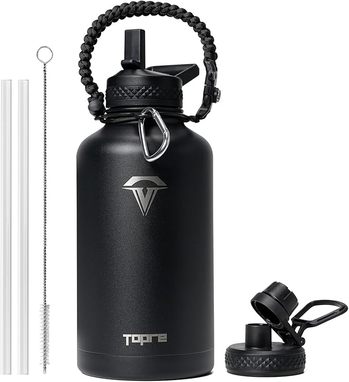 Half Gallon Water Bottle,64oz Insulated Water Bottle Stainless Steel Vacuum, Cold for 48 Hrs,BPA-Free & Leakproof -with Handle,Straw Spout Lids,Big Flask Jug for Gym Sports,Black without Pouch