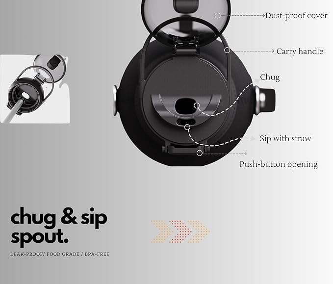 H2O Capsule Half Gallon Insulated Water Bottle With Straw - Stainless Steel Thermos Water Bottle With Sipping/Chugging Lid & Shoulder Strap For Storage - 64 oz Vacuum Flask, Keeps Hot Cold (Black)