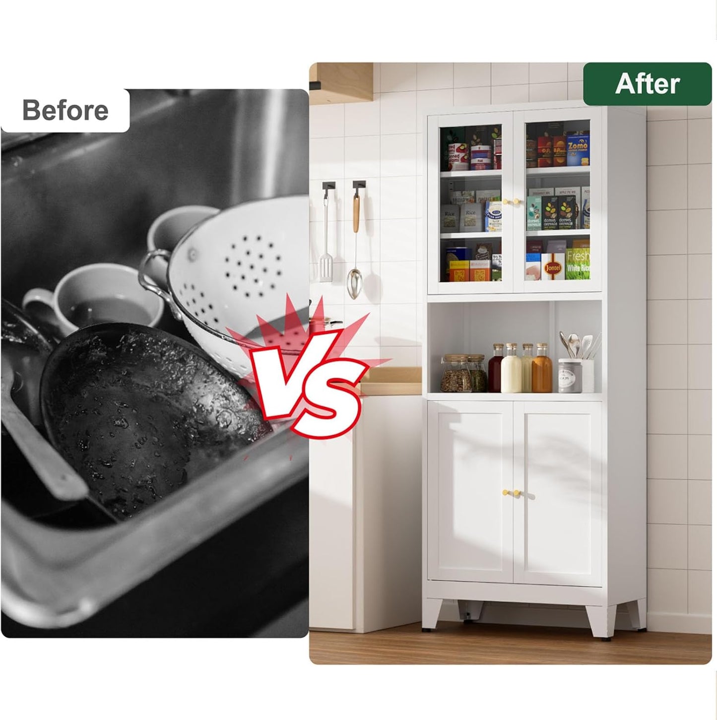 69" Tall Pantry Cabinet, Kitchen Storage Cabinet with 2 Glass Doors and Adjustbale Shelves, Freestanding Metal Cupboards for Dining Room, Living Room, Bathroom