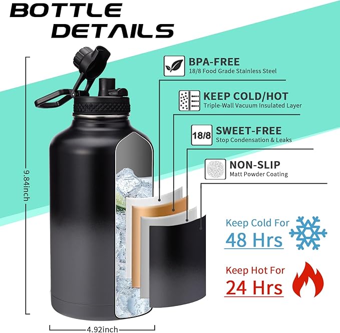 Half Gallon Insulated Water Bottle - with Straw & Spout Lid, Paracord Handle & Carrier Bag, Protective Cup Mat, 64oz Vacuum Stainless Steel Water Bottle, Metal Vacuum Flasks Keep Cold 48h Hot 24h
