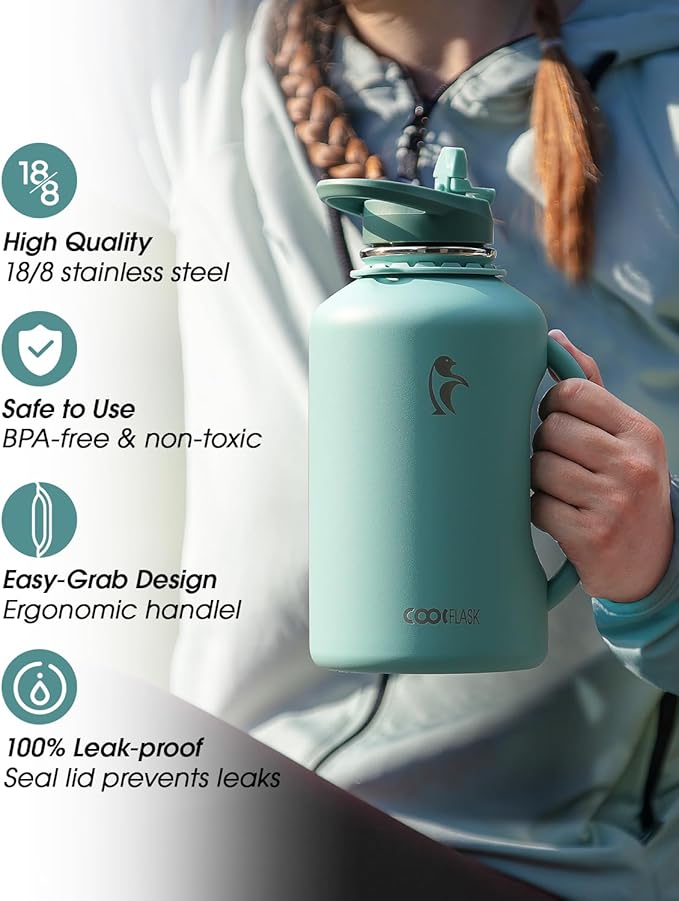 Half Gallon Water Bottle Insulated, Coolflask 64 oz Insulated Stainless Steel Water Jug Metal Double-Walled Vacuum Large Flask With Strap Straw Leakproof, Keep Cold 48 Hrs Hot 24hrs, Green