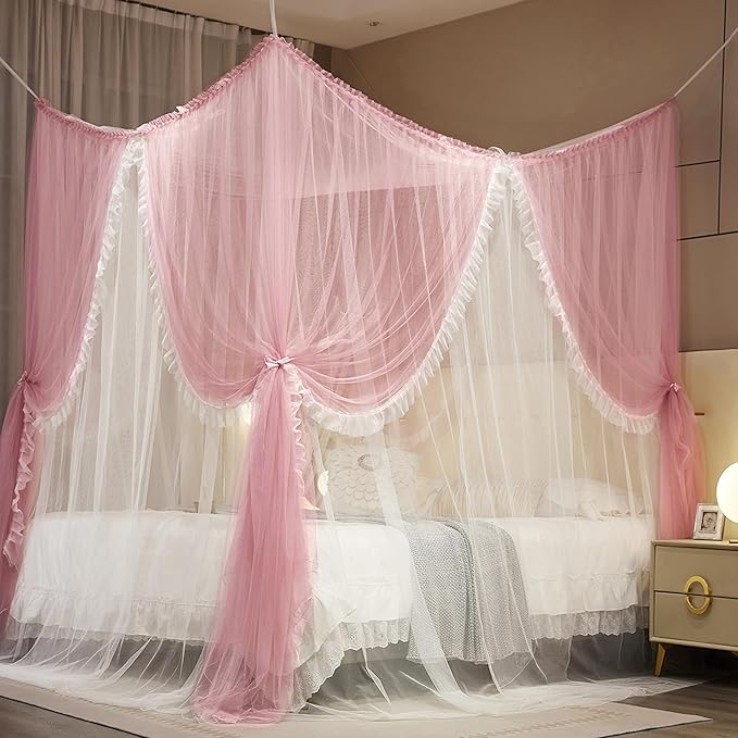 4 Corners Post Princess Curtain Bed Canopy Lace Up Double Layer 4 Opening Mosquito Net Mesh for Girls Bedroom Decoration(Pink/White, 78" W*86" L*82" H/King)