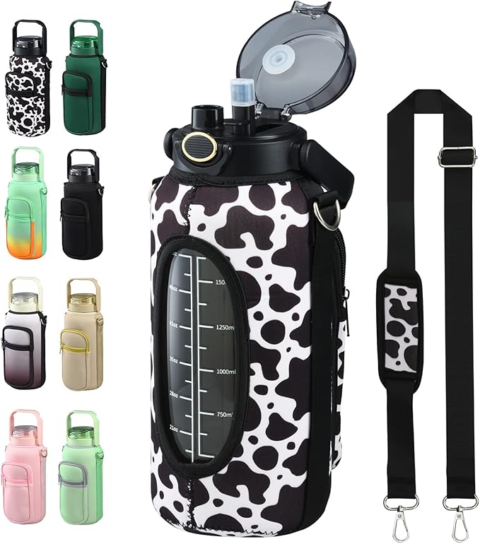 Half Gallon 64oz Glass Water Bottle with Straw and Storage Sleeve Motivational Water Bottle with Strap and Time to Drink 2L Leakproof Reusable Water Jug for Fitness Gym and Outdoors