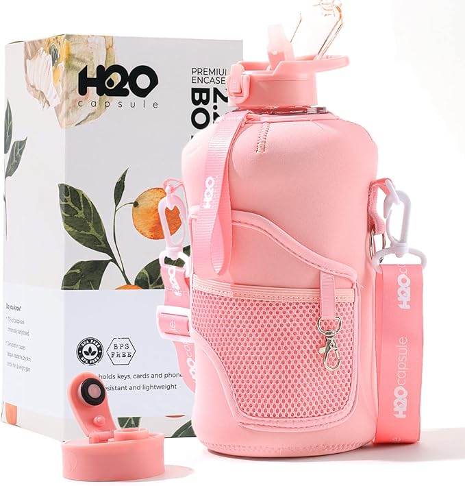 H2O Capsule 2.2L Half Gallon Water Bottle with Storage Sleeve and Removable Straw – BPA Free Large Reusable Drink Container with Handle - Big Sports Jug, 2.2 Liter (74 Ounce), Rose Quartz