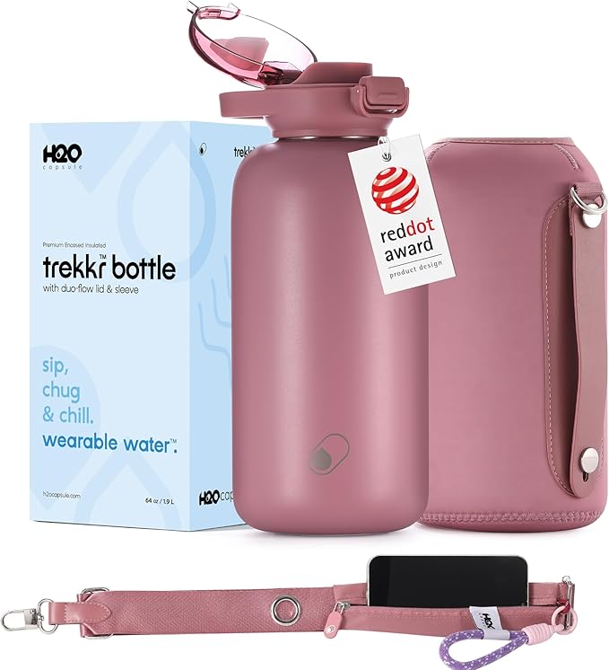 H2O Capsule Half Gallon Insulated Water Bottle With Straw - Stainless Steel Thermos Water Bottle With Sipping/Chugging Lid & Shoulder Strap For Storage - 64 oz Vacuum Flask, Keeps Hot Cold (Plum)