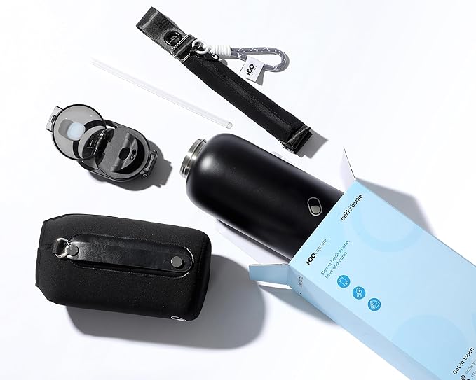 H2O Capsule Half Gallon Insulated Water Bottle With Straw - Stainless Steel Thermos Water Bottle With Sipping/Chugging Lid & Shoulder Strap For Storage - 64 oz Vacuum Flask, Keeps Hot Cold (Black)