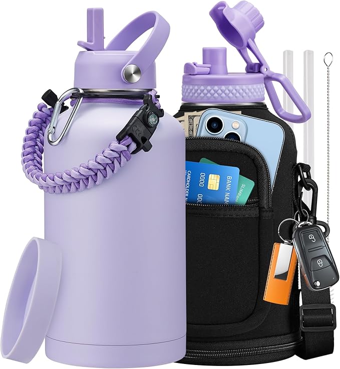 Half Gallon Water Bottle with Straw - Spout Lid, 64oz Insulated Water Jug Carrying Sleeve with Strap, Paracord Handle, Silicone Boot, Stainless Steel Metal Coldest Canteen for Women, Lilac Purple