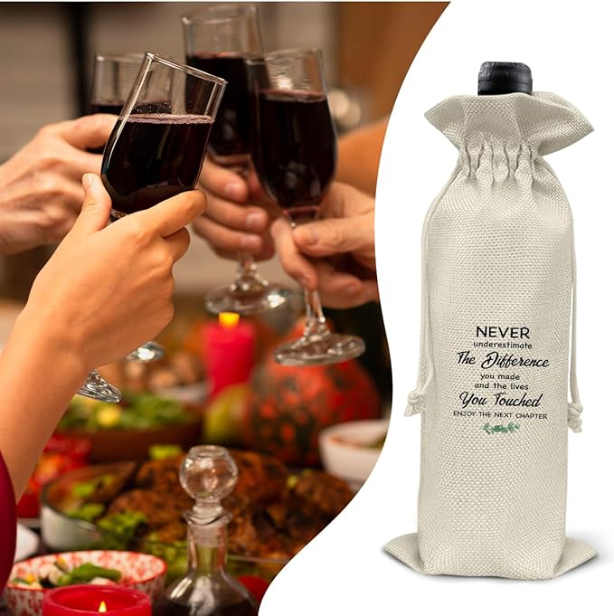 HOIJAUMAI Goodbye Gift for Coworkers, Retirement Gift Wine Bag, Retired Gifts for Men Women, Going Away Goodbye Farewell Gifts for Coworker Friends, Enjoy The Next Chapter Burlap Drawstring Wine Bag