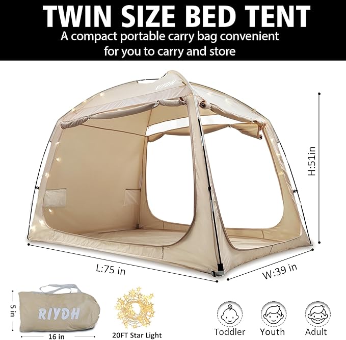Bed Tent Bed Canopy Twin Size for Adult and Kids - Portable Sleeping Tents Indoor Dream Tents 70% Blackout with String Light 3 Doors Breathable Privacy Space Tents