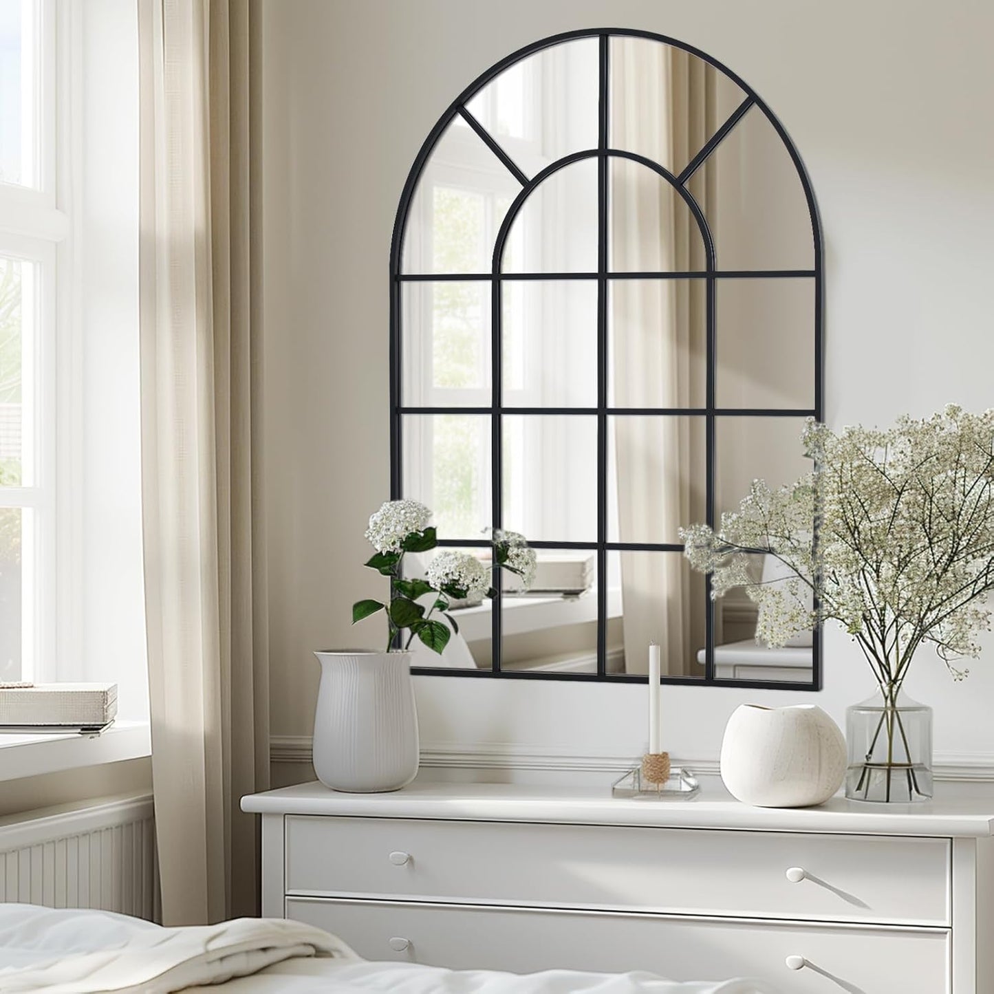 Arched Windowpane Wall Mirror 30"x48" Black Wall Mounted Art Pane Mirror Farmhouse Decorative Mirror Leaning Hanging Wall Mirror for Bedroom Living Room Entrance Hallway Wall Decor