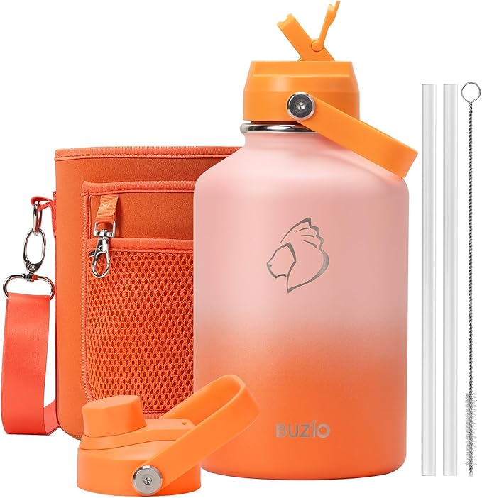 Half Gallon Water Bottle, BUZIO 64 oz Insulated Stainless Steel Water Bottles with Straw Lid Leak Proof water jug, Keep Cold 48H Lead-Free Double Wall Vacuum Metal Mug for Sport Camping Beach, Orange