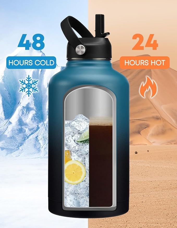 Half Gallon Water-Bottle with Straw - Paracord Handle, Straw & Flex Cap, Keep Ice Cold-48H & Hot-24H, Vacuum Insulated Water Jug with Carrier Bag, Protective Boot, Metal Insulated Water Bottle 64oz