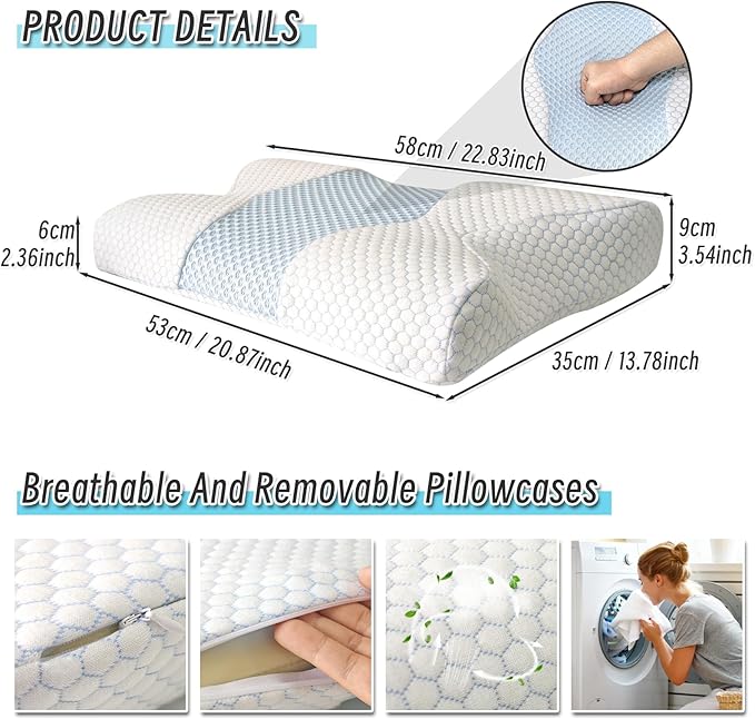 Gute Contour Memory Foam Pillow for Neck Pain Relief, Ergonomic Two Heigths Cervical Pillow for Sleep, Neck Pillow with Washable Cover, Bed Pillows for Side, Back and Stomach Sleepers, Standard
