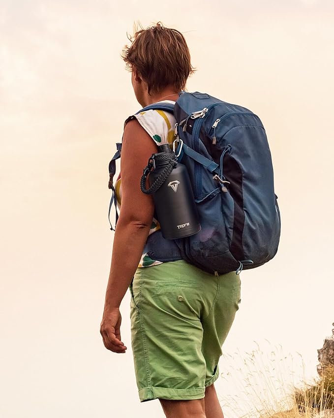 Half Gallon Water Bottle,64oz Insulated Water Bottle Stainless Steel Vacuum, Cold for 48 Hrs,BPA-Free & Leakproof -with Handle,Straw Spout Lids,Big Flask Jug for Gym Sports,Black without Pouch