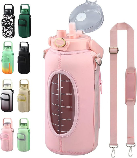 Half Gallon 64oz Glass Water Bottle with Straw and Storage Sleeve Motivational Water Bottle with Strap and Time to Drink 2L Leakproof Reusable Water Jug for Fitness Gym and Outdoors