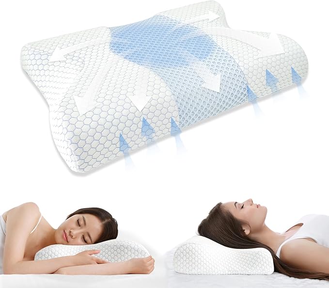 Gute Contour Memory Foam Pillow for Neck Pain Relief, Ergonomic Two Heigths Cervical Pillow for Sleep, Neck Pillow with Washable Cover, Bed Pillows for Side, Back and Stomach Sleepers, Standard
