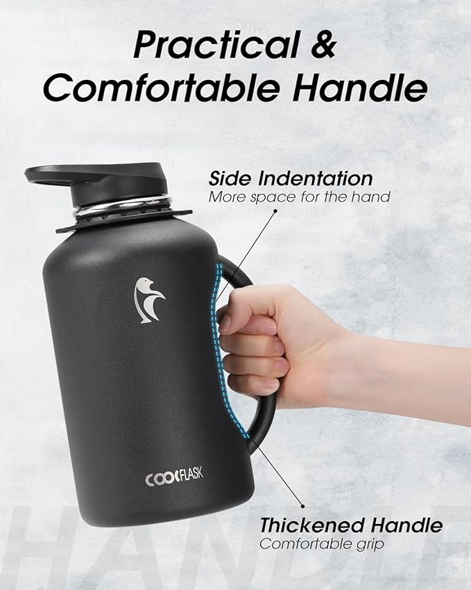 Half Gallon Water Bottle with Handle, Coolflask 64 oz Insulated Stainless Steel Water Jug Metal Double-Walled Vacuum Large Flask With Strap Straw Leakproof, Keep Cold 48 Hrs Hot 24hrs, Magic Black