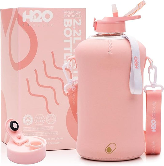 H2O Capsule 2.2L Half Gallon Water Bottle with Storage Sleeve and Covered Straw Lid – BPA Free Large Reusable Drink Container with Handle - Big Sports Jug, 2.2 Liter (74 Ounce)