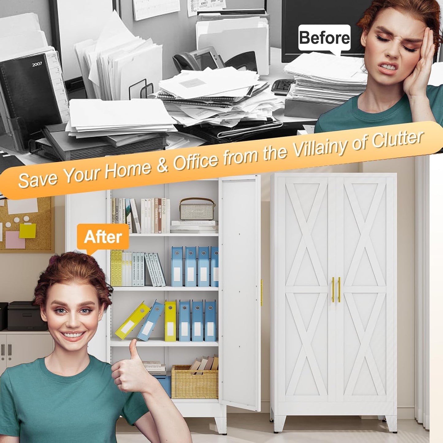 61" H Metal Kitchen Pantry Storage Cabinet, Freestanding Cupboard with 2 Doors and 3 Adjustable Shelves, Standing Storage for Kitchen, Bathroom, Garage, Dinning Room or Utility Room(White)