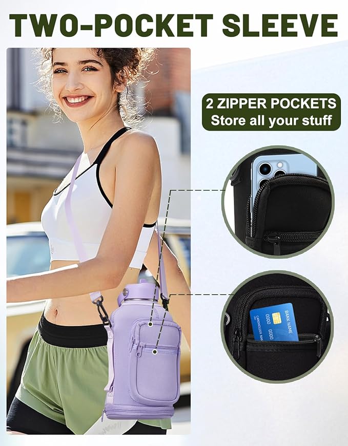 Half Gallon Water Bottle Insulated - 64 oz Water Bottle with Carrying Sleeve, Paracord Handle, Straw Spout Lid, Leak-proof Metal Hydro Jug for Workout Sport Hiking Gym, Purple Big Flask Thermo