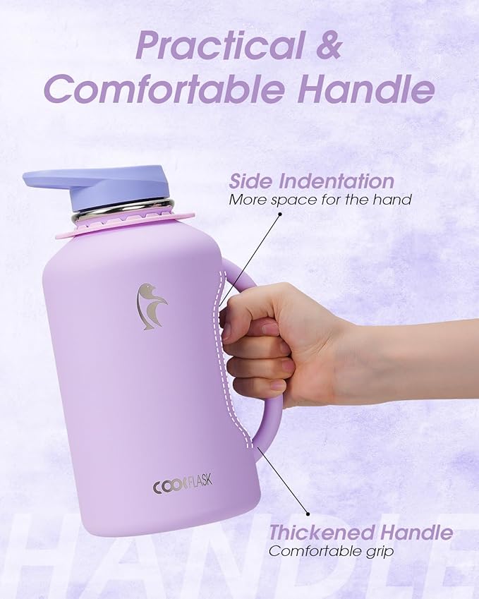 Half Gallon Water Bottle with Straw, Coolflask 64 oz Insulated Stainless Steel Water Jug With Handle Metal Double-Walled Vacuum Large Flask With Strap Leakproof, Keep Cold 48 Hrs Hot 24hrs, Lavender