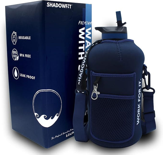 Half Gallon Water Bottles (74 ounce, 2.2 Liter) with Straw Lid Handle and Storage Sleeve - Large Jug Holder with Strap for Drinking during Workout and Exercise