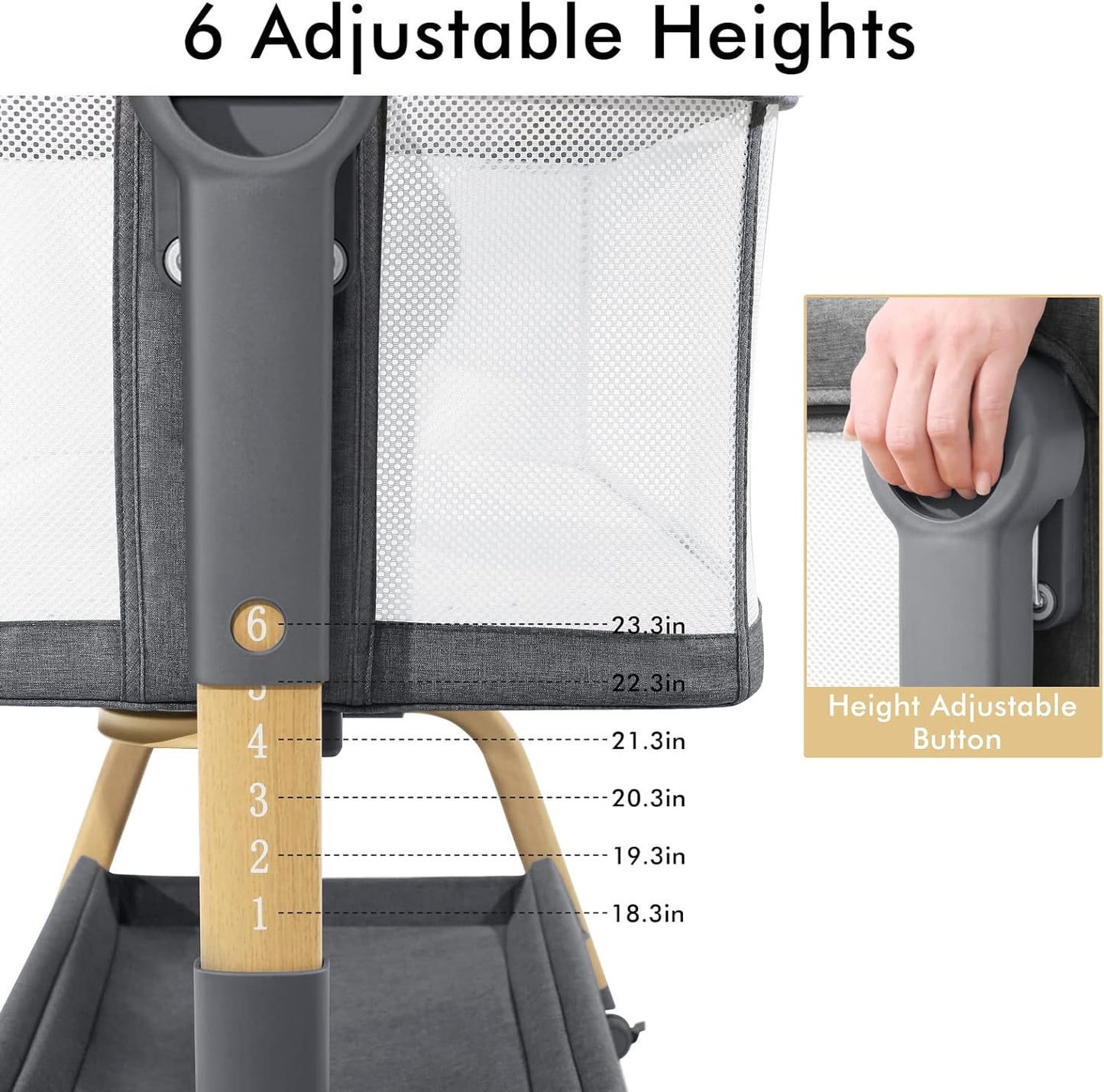 3 in 1 Baby Bassinet, Bedside Bassinet for Baby, Rocking Bassinet with Comfy Mattress and Wheels, 6 Height Adjustable Easy Folding Portable Bedside Crib for Newborn