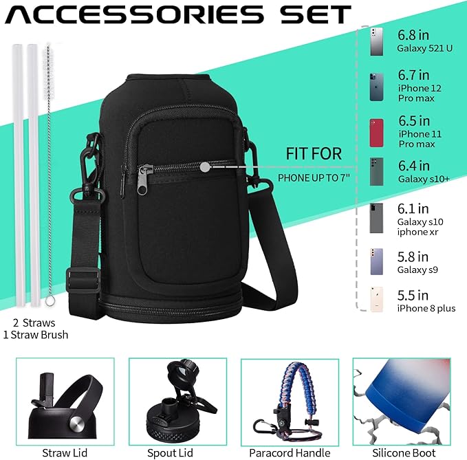 Half-Gallon Vacuum Water-Bottle with Sleeve, Paracord Handle, Straw & Spout Lid, 64oz Stainless Steel Insulated Water Jug, Cold-48h & Hot-24h Triple-Wall Metal Vacuum Flasks for Sports Hiking Camping