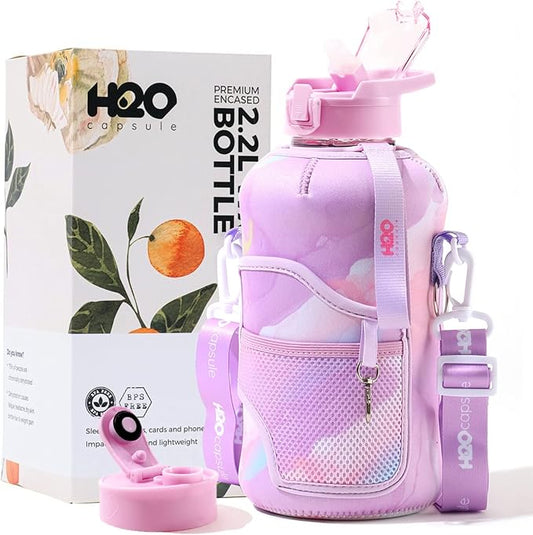 H2O Capsule 2.2L Half Gallon Water Bottle with Storage Sleeve and Removable Straw – BPA Free Large Reusable Drink Container with Handle - Big Sports Jug, 2.2 Liter (74 Ounce), Purple Tie Dye