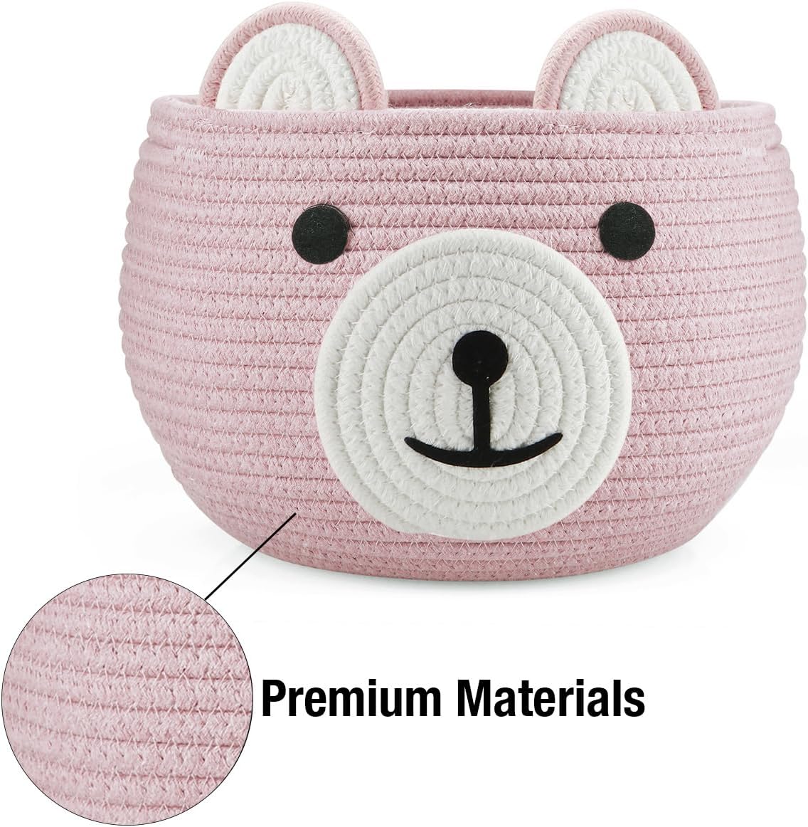 PandaEar Cotton Rope Baby Basket, Baby Gift Basket Nursery Laundry Organizer with Cute Bear Design for Storage Infant Newborn Essentials, Diaper Caddy with Handle (Pink)