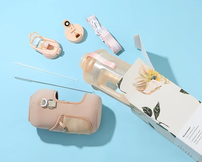 H2O Capsule 2.2L Half Gallon Water Bottle with Storage Sleeve and Removable Straw – BPA Free Large Reusable Drink Container with Handle - Big Sports Jug, 2.2 Liter (74 Ounce), Sandy Beige