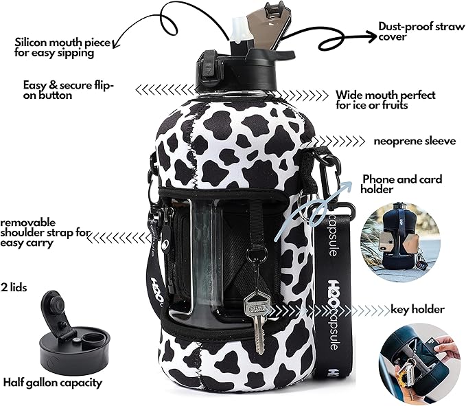 H2O Capsule 2.2L Half Gallon Water Bottle with Storage Sleeve and Covered Straw Lid – BPA Free Large Reusable Drink Container with Handle - Big Sports Jug, 2.2 Liter (74 Ounce)