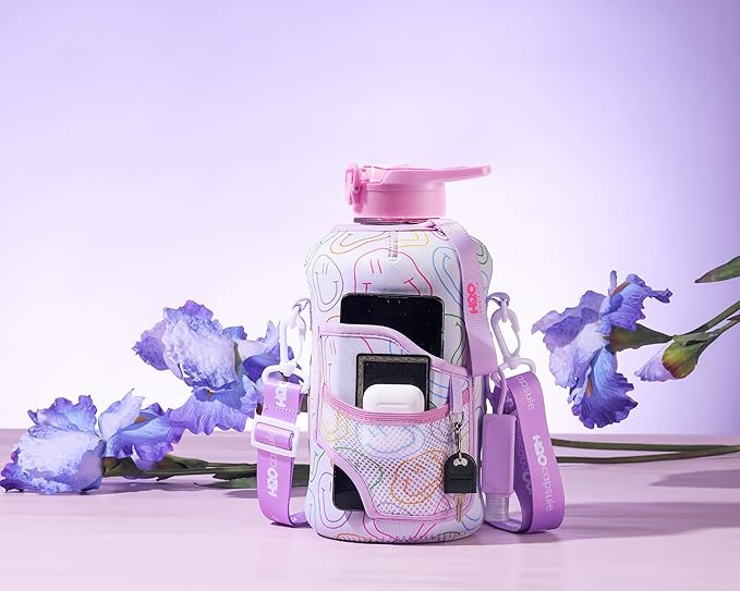 H2O Capsule 2.2L Half Gallon Water Bottle with Storage Sleeve and Removable Straw – BPA Free Large Reusable Drink Container with Handle - Big Sports Jug, 2.2 Liter (74 Ounce), Purple Smiley