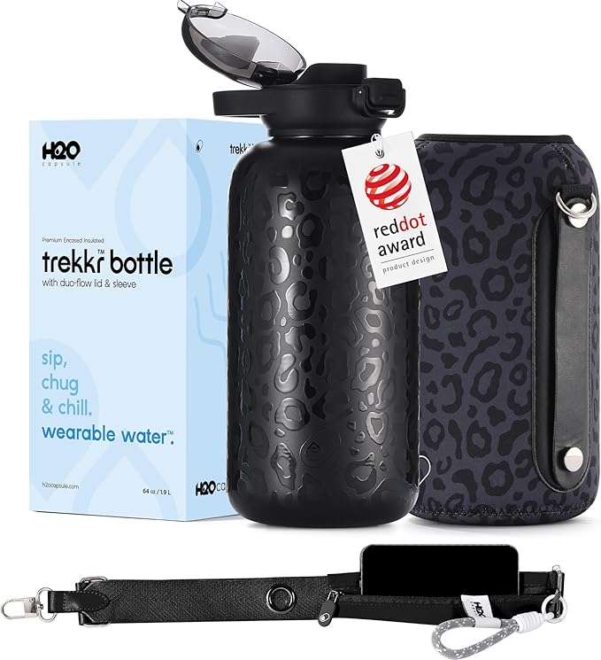 H2O Capsule Half Gallon Insulated Water Bottle With Straw - Stainless Steel Thermos Water Bottle With Sipping/Chugging Lid & Shoulder Strap For Storage - 64 oz Vacuum Flask, Hot Cold (Black Leopard)