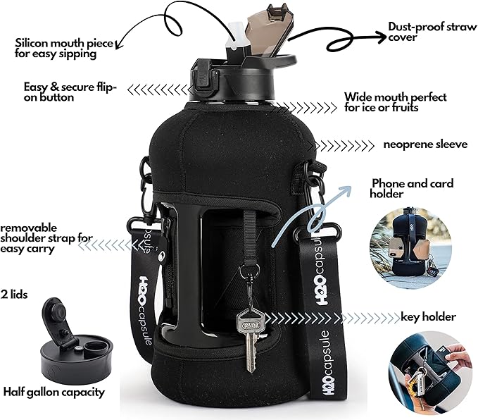 H2O Capsule 2.2L Half Gallon Water Bottle with Storage Sleeve and Covered Straw Lid – BPA Free Large Reusable Drink Container with Handle - Big Sports Jug, 2.2 Liter (74 Ounce)