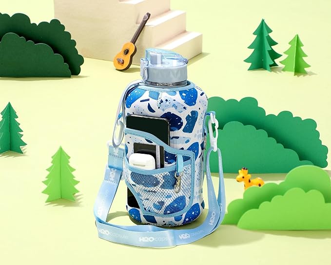 H2O Capsule 2.2L Half Gallon Water Bottle with Storage Sleeve and Removable Straw – BPA Free Large Reusable Drink Container with Handle - Big Sports Jug, 2.2 Liter (74 Ounce), Blue Collage