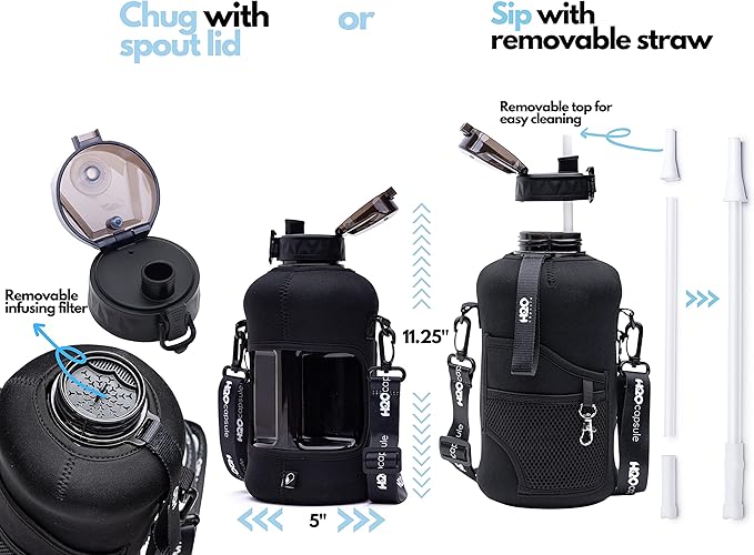 H2O Capsule 2.2L Half Gallon Water Bottle with Storage Sleeve and Removable Straw – BPA Free Large Reusable Drink Container with Handle - Big Sports Jug, 2.2 Liter (74 Ounce), Chill TieDye