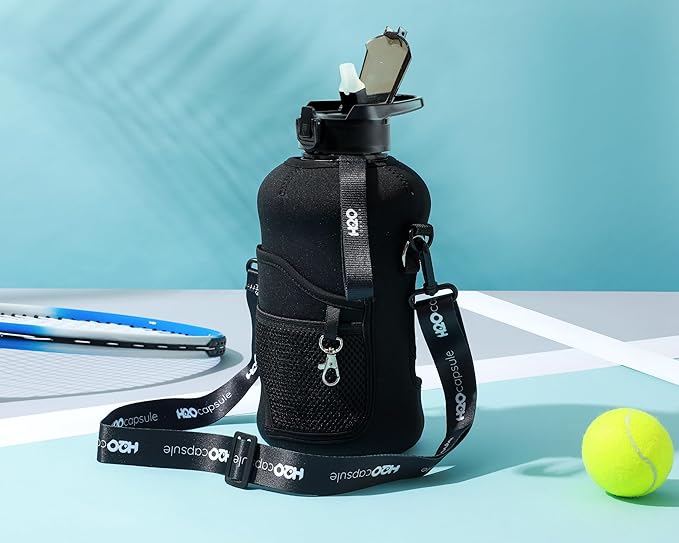 H2O Capsule 2.2L Half Gallon Water Bottle with Storage Sleeve and Removable Straw – BPA Free Large Reusable Drink Container with Handle - Big Sports Jug, 2.2 Liter (74 Ounce), Jet Black