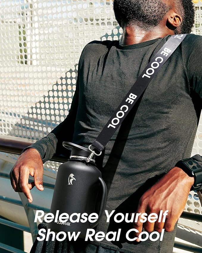 Half Gallon Water Bottle with Handle, Coolflask 64 oz Insulated Stainless Steel Water Jug Metal Double-Walled Vacuum Large Flask With Strap Straw Leakproof, Keep Cold 48 Hrs Hot 24hrs, Magic Black