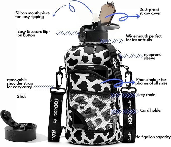 H2O Capsule 2.2L Half Gallon Water Bottle with Storage Sleeve and Removable Straw – BPA Free Large Reusable Drink Container with Handle - Big Sports Jug, 2.2 Liter (74 Ounce), Cowbell