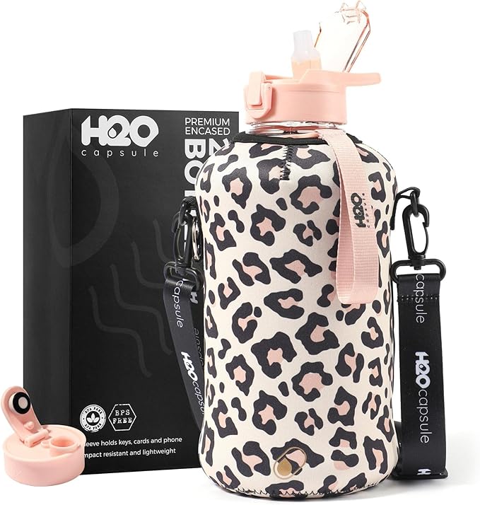 H2O Capsule 2.2L Half Gallon Water Bottle with Storage Sleeve and Covered Straw Lid – BPA Free Large Reusable Drink Container with Handle - Big Sports Jug, 2.2 Liter (74 Ounce)