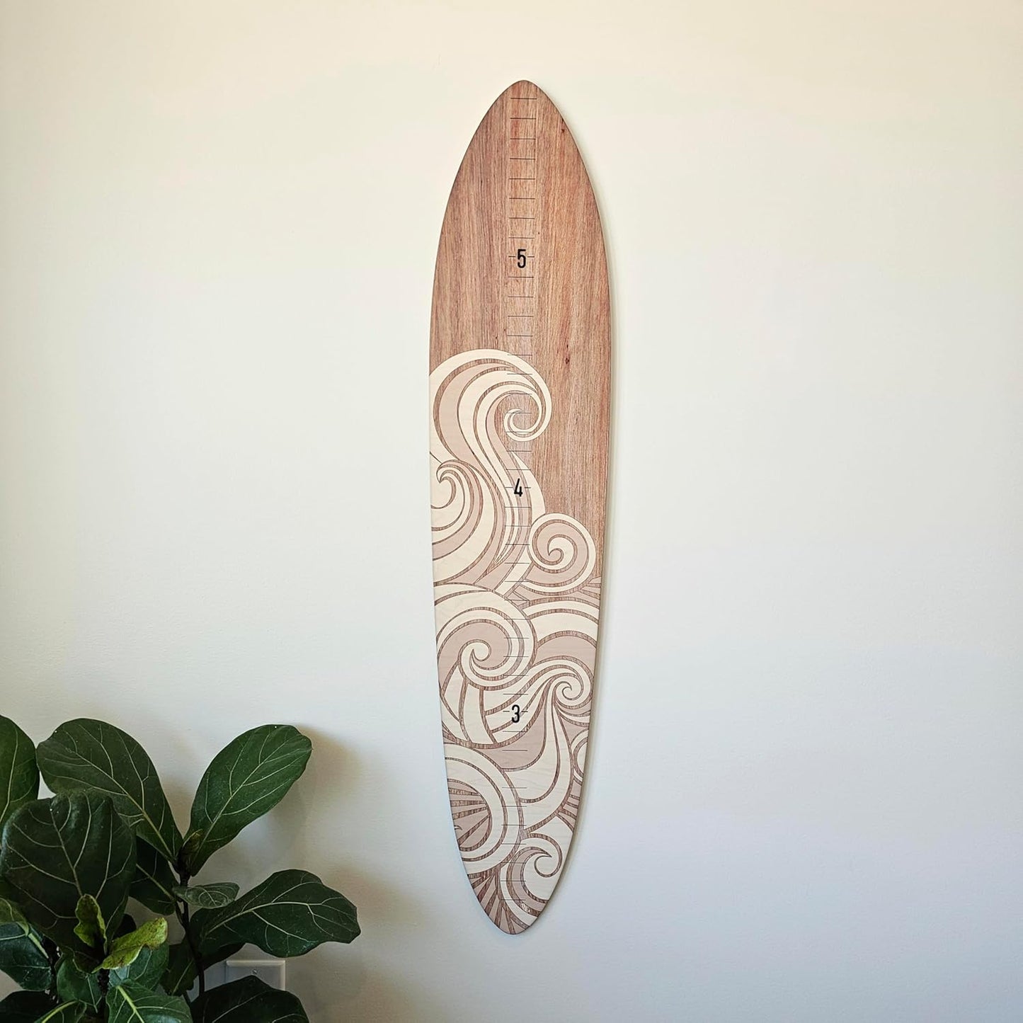 Wooden Surfboard Wall Decor Growth Chart - Surf Board Decor for Kids Room, Wooden Growth Chart for Wall, Surfboard Wall Art, Surfboards for Decoration - White Wave (9.5""x 45"")